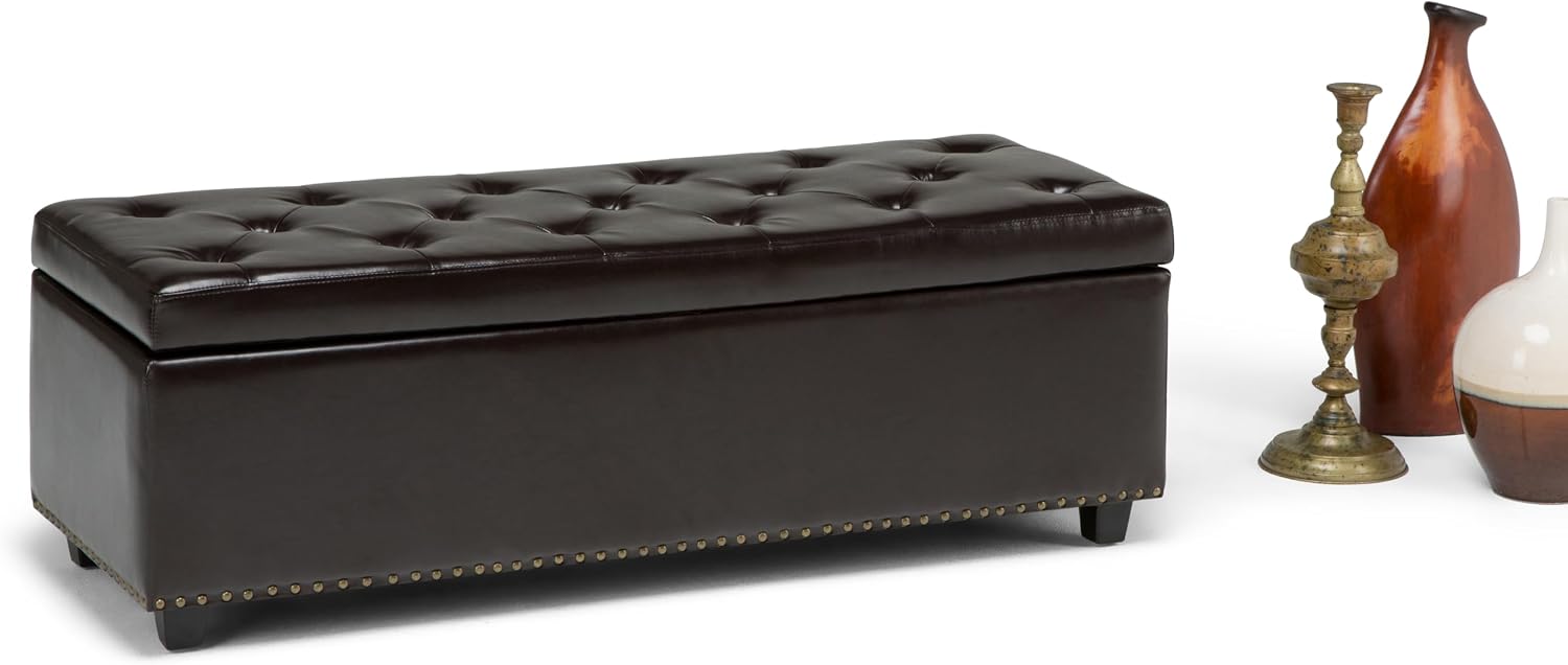 SIMPLIHOME Hamilton Storage Ottoman - 48 inch Wide Upholstered Vegan Leather Rectangle Storage Ottoman Bench in Coffee Brown, Traditional Tufted Ottoman for Living Room or Entryway with Lift-Up Lid