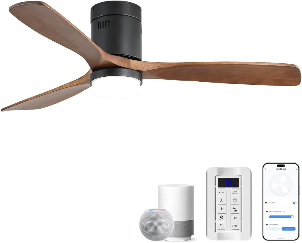 CACI Mall Smart 52 inch Wood Flush Mount Ceiling Fans with Lights and Remote, 3 Blades, Low Profile, Modern, Compatible with Alexa/Google/App, Outdoor Indoor Ceiling Fans for Bedroom/Farmhouse/Patio