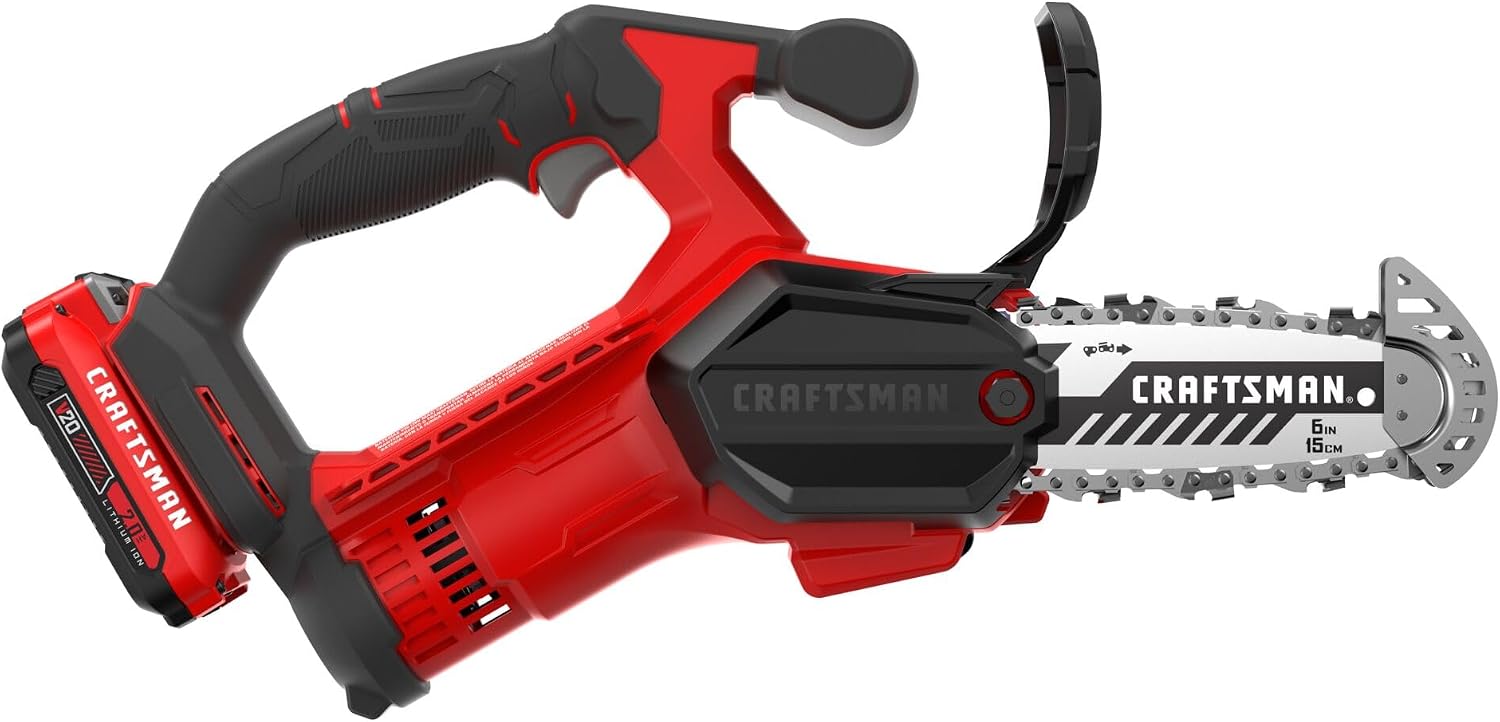 CRAFTSMAN V20 Mini Cordless Chainsaw, Pruning Saw, 6' Chain, Small Handheld Chainsaw, 2Ah Battery and Charger Included, Tree Trimming and Pruning, Compact and Lightweight (CMCCS320D1)