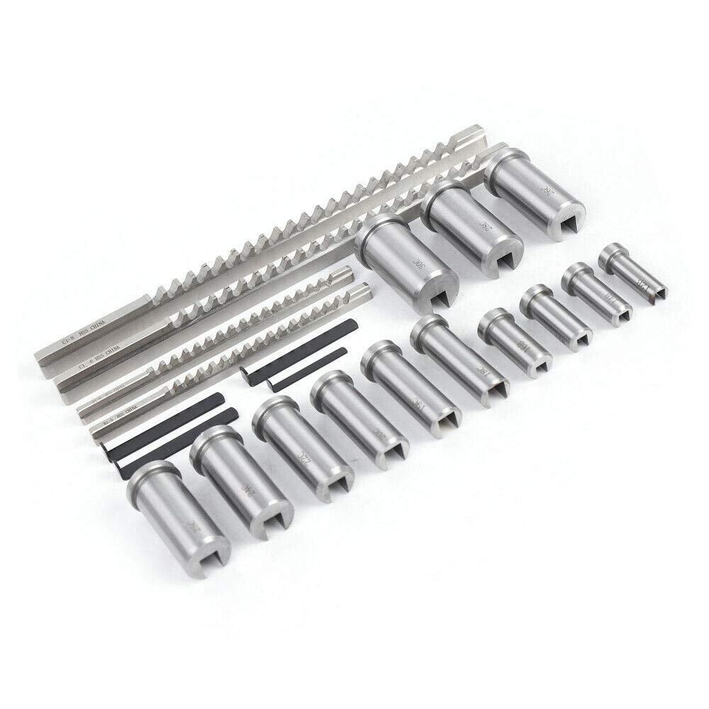 22Pcs Keyway Broach Kit Keyway Broach Set Collared Bushing Shim Sets Metric Size Set w/ 4 Pcs Broach & 13 Collared Bushing & 5 Gaskets High Speed Steel CNC Metal Metalworking Industrial Tools