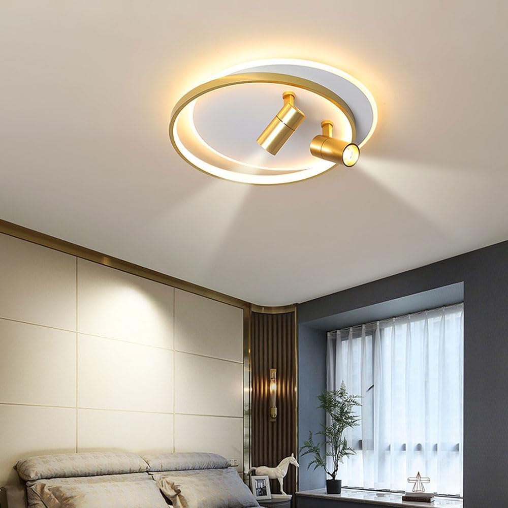 Modern LED Ceiling Light with 2 Spotlights, Dimmable Ring Ceiling Lighting Fixture with Remote Control, Indoor Flush Mount Ceiling Lamp for Bedroom Hallway Dining Room Entryway Kitchen