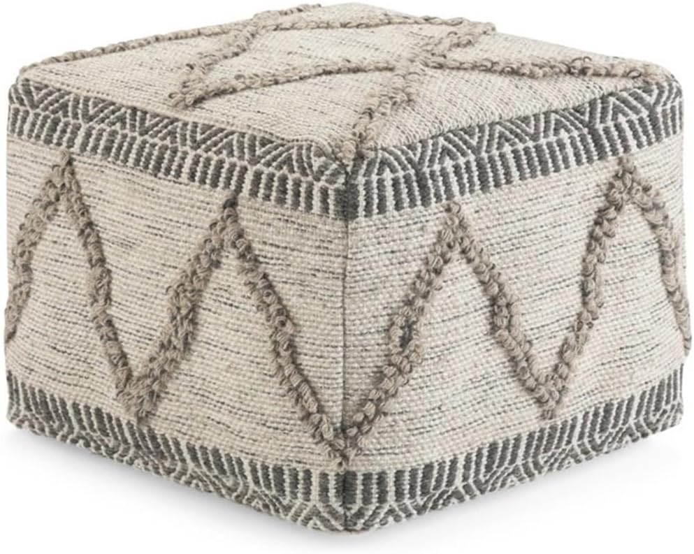 SIMPLIHOME Sweeney Square Pouf - 18 inch Wide Upholstered Wool and Cotton Handloom Woven Ottoman in Grey and Natural, Boho-Style Footstool, Extra Seating or Accent Piece for Living Room, Assembled