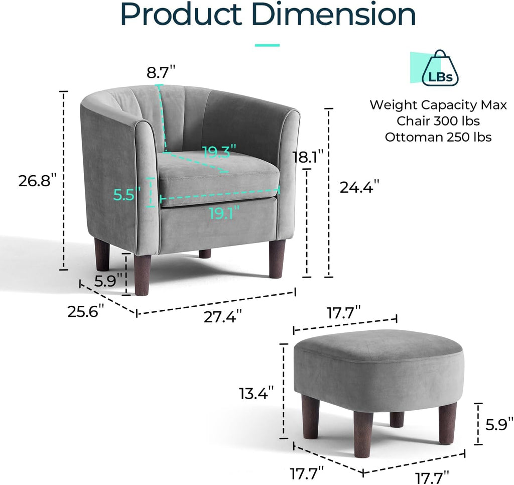LINSY Accent Chair with Ottoman, Modern Barrel Chair Small Armchair Reading Chair with Footrest, Comfy Round Arms Chair for Living Room Bedroom Reading Room, Velvet, Grey