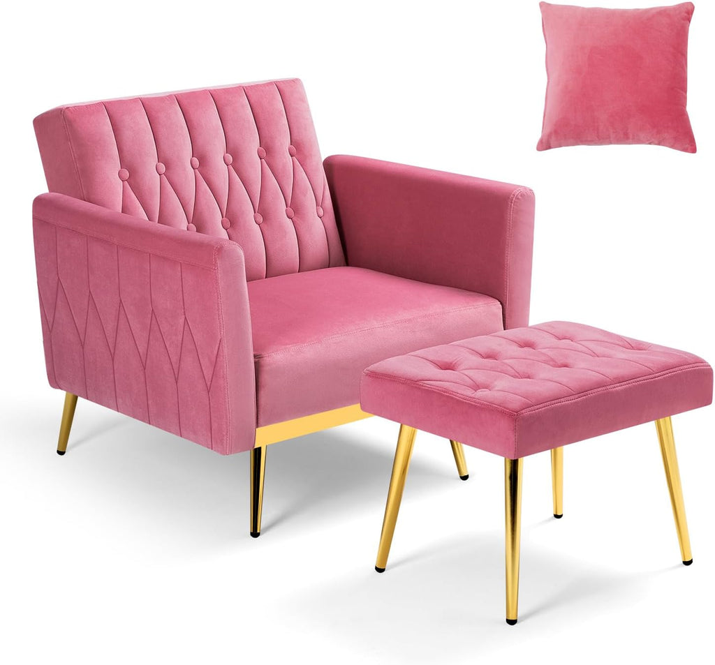 Velvet Accent Chair with Adjustable Armrests and Backrest, Button Tufted Lounge Chair, Single Recliner Armchair with Ottoman and Pillow for Living Room, Bedroom, Pink