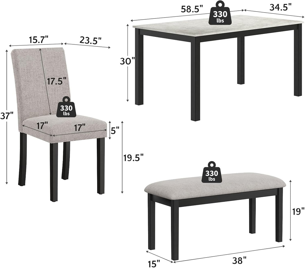 Zevemomo 6-Piece Wood Dining Table Set with Extra-Thick Cushions, Including 1 Dinner Table, 4 Upholstered Chairs and 1 Bench, Wooden Legs Dining Set for Dining Room, Kitchen, Restaurant, Black