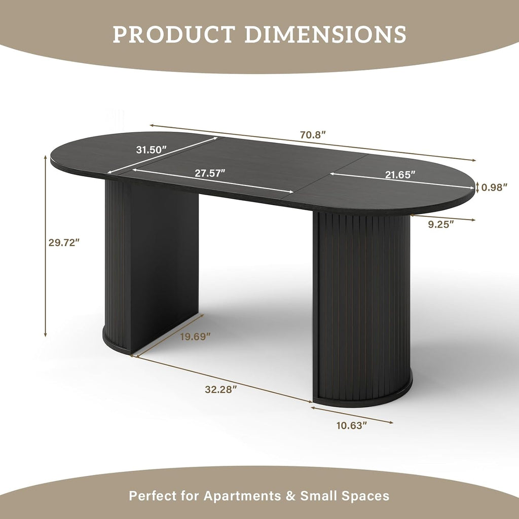 70.8' Oval Dining Table for 4-6 Persons, Fluted Pedestal Base Mid Century Wood Veneer Kitchen Table with Curved Edges for Dining Room, Apartment, Small Spaces, Black