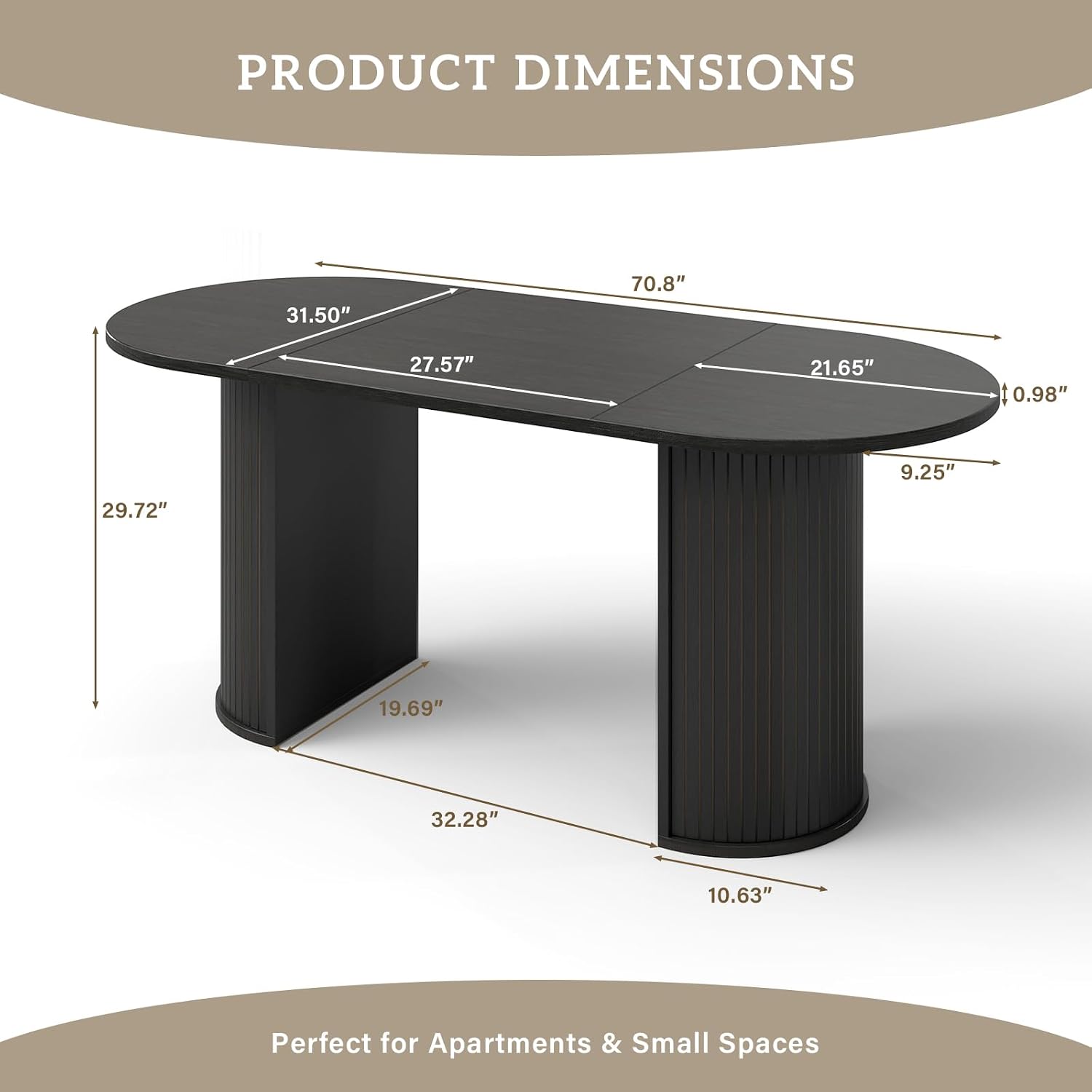 70.8' Oval Dining Table for 4-6 Persons, Fluted Pedestal Base Mid Century Wood Veneer Kitchen Table with Curved Edges for Dining Room, Apartment, Small Spaces, Black