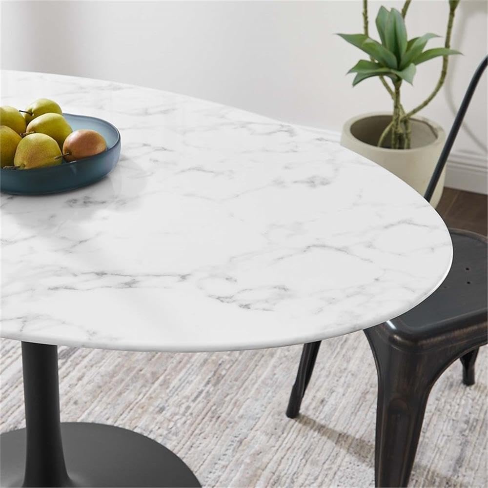 Modway Lippa 54' Oval-Shaped Mid-Century Modern Dining Table with Artificial Marble Top and Black Base