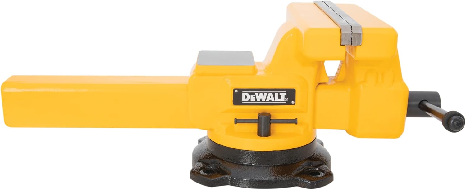 DEWALT 10-inch Jaw Width Heavy Duty Bench Vise, 10-inch Jaw Opening, 3.75-inch Throat, 360-Degree Locking Swivel Base with Anvil, Built-In Pipe Jaws