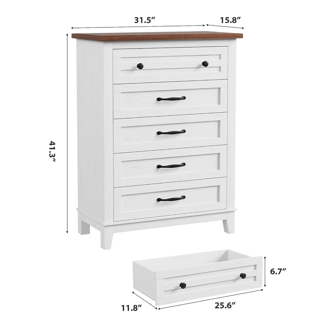 GarveeHome 5 Dresser for Bedroom, 41.3 in Tall Vertical Drawer Dresser with Large Storage, Freestanding Wooden Closet Chest for Bedroom, Living Room, White + Brown