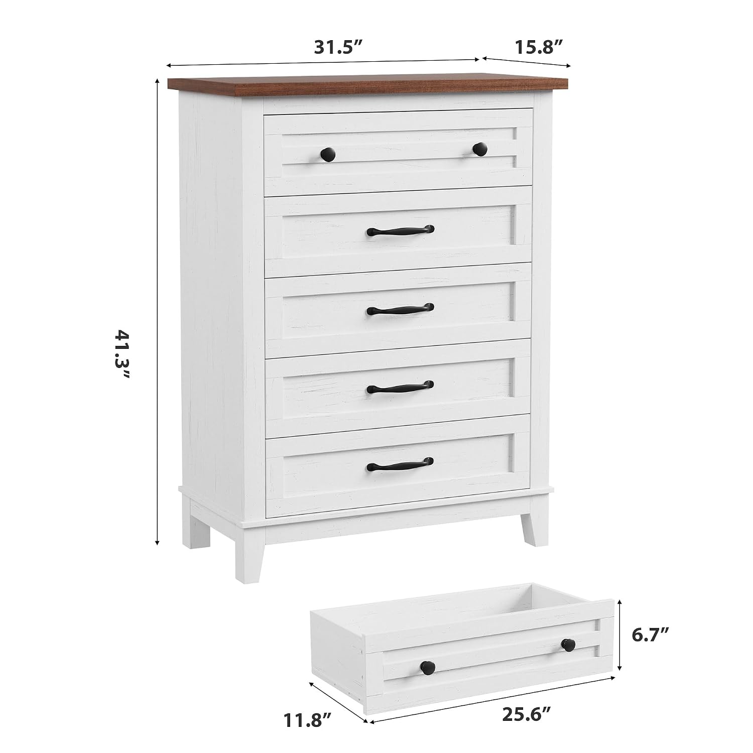 GarveeHome 5 Dresser for Bedroom, 41.3 in Tall Vertical Drawer Dresser with Large Storage, Freestanding Wooden Closet Chest for Bedroom, Living Room, White + Brown