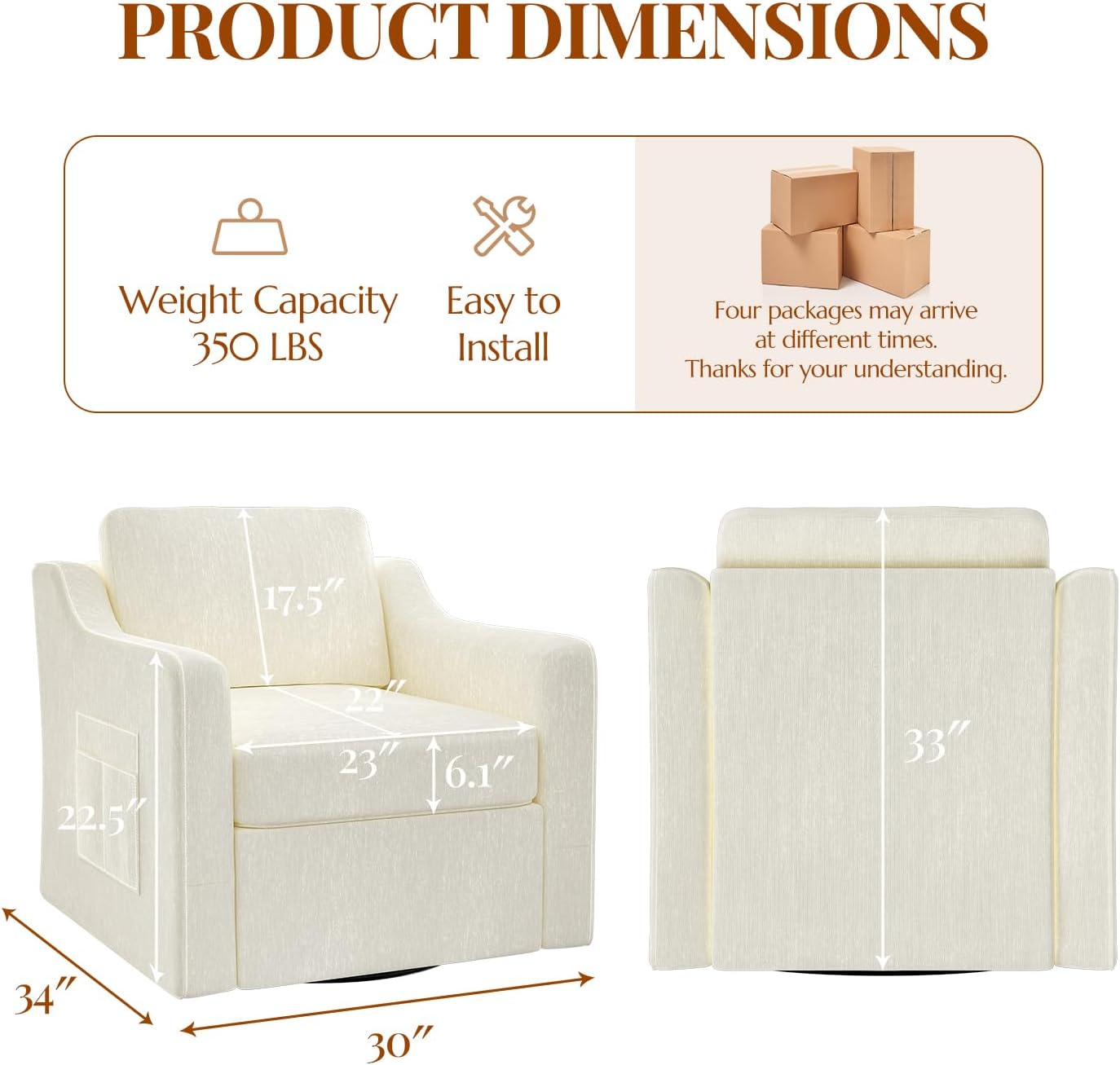 360° Swivel Accent Chair Set of 4, Large Comfy Reading Chairs, Square Single-Seat Armchair Upholstered Sofa for Reading, Nursery, Living Room, Bedroom, Lounge, Hotel, Beige