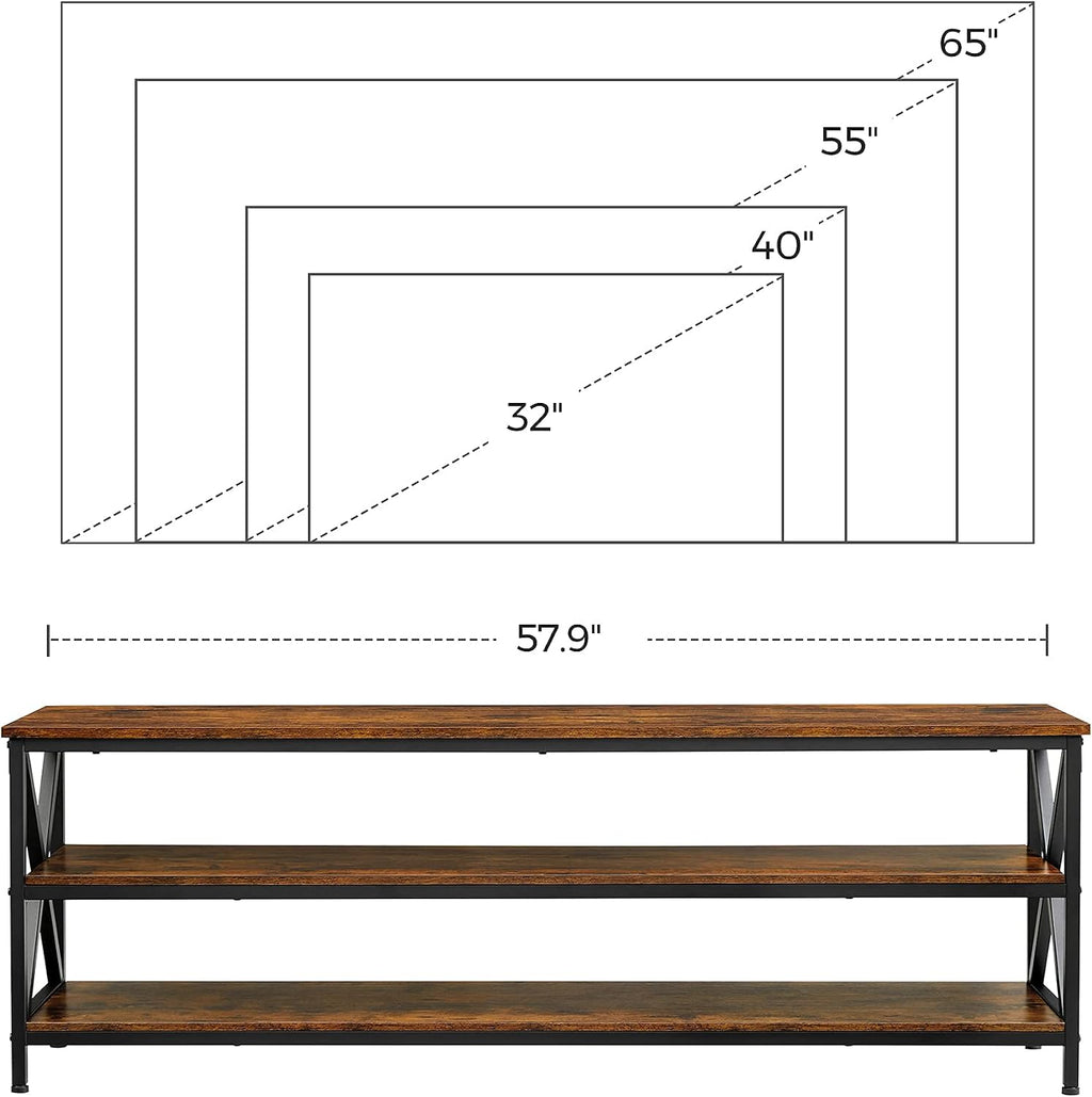 VASAGLE TV Table for up to 65 Inches TVs, Media TV Console with Shelves, Farmhouse Industrial, TV Stand for Living Room, 57.9 x 15.7 x 19.7 Inches, Rustic Brown and Black ULTV100B01