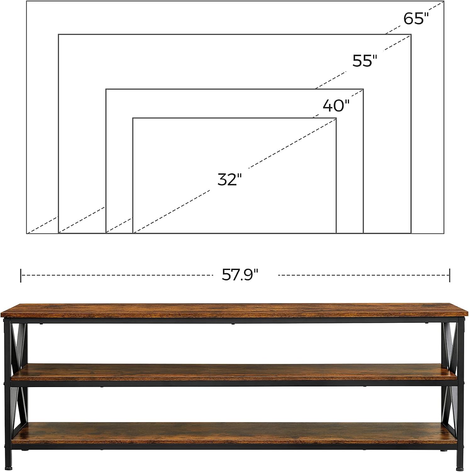 VASAGLE TV Table for up to 65 Inches TVs, Media TV Console with Shelves, Farmhouse Industrial, TV Stand for Living Room, 57.9 x 15.7 x 19.7 Inches, Rustic Brown and Black ULTV100B01