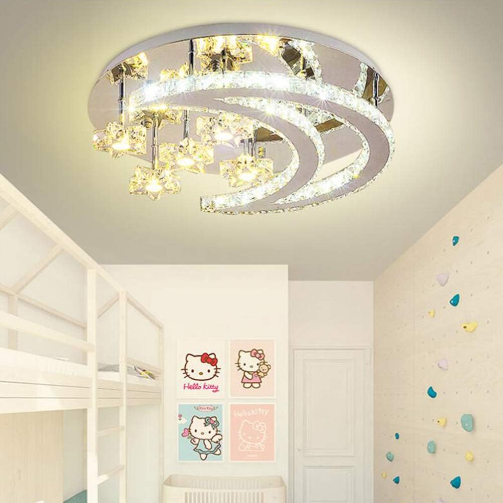 Modern Crystal Dimmable Ceiling Light with Stars and Moon Chandelier Remote Controlled for Living Room Bedroom Dining Room Corridor Balcony Indoor Lighting Spotlight
