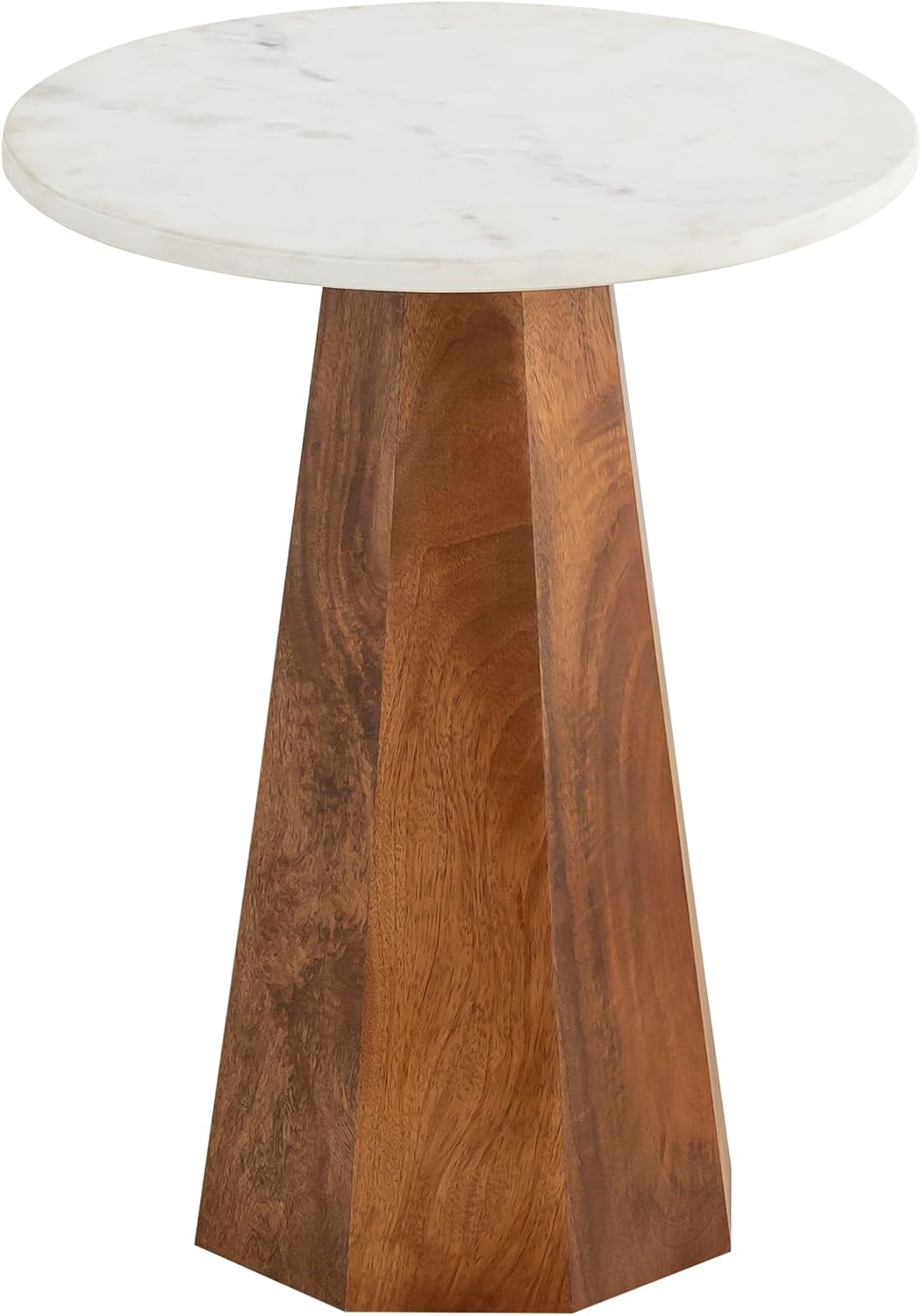 NAYA Natural Wood Side Table with White Marble Top – 15' Round End Table – Rustic Farmhouse Accent Table for Living Room, Bedroom, and Bedside Storage – Modern & Minimalist Home Furniture