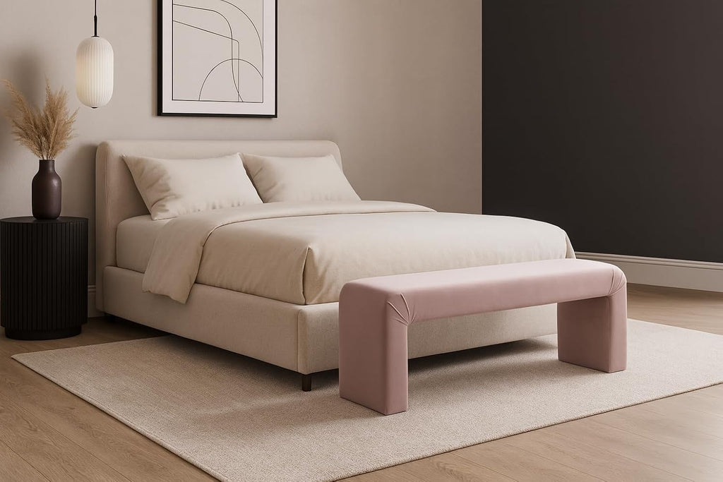 Meridian Furniture Minimalist Collection Modern | Contemporary Velvet Upholstered Bench, 53' W x 14.75' D x 18.25' H, Pink