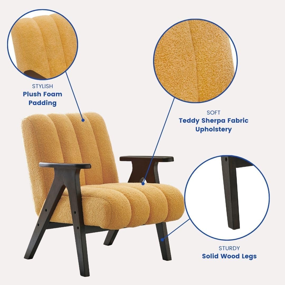 Roundhill Furniture Rella Modern Teddy Sherpa Accent Chair with Espresso Wood Frame, Yellow
