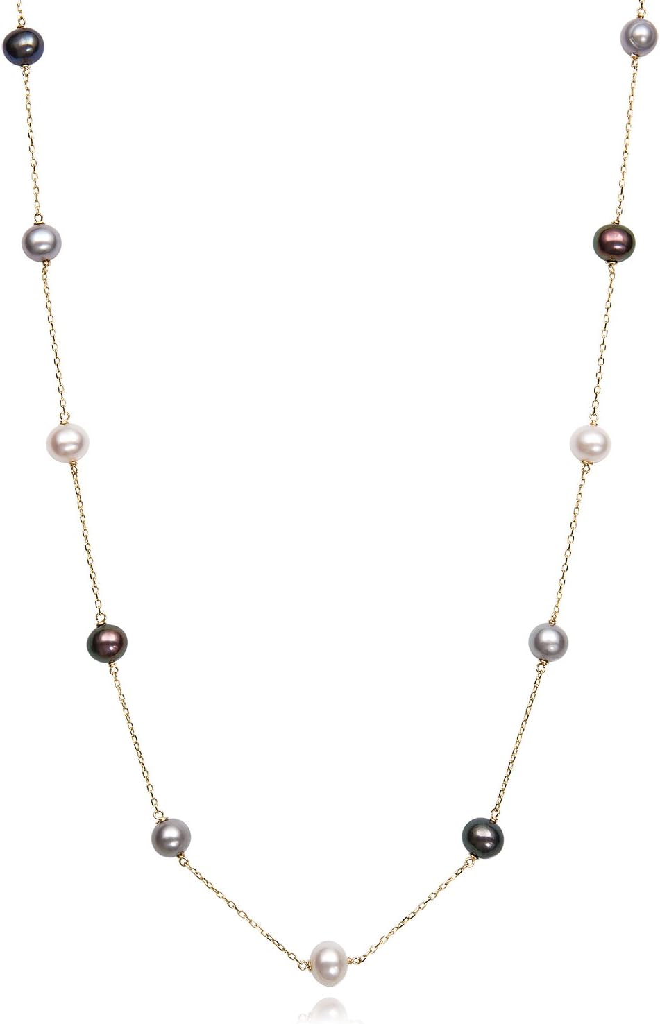 Belacqua Cultured Freshwater Pearl Station Necklace in 10K White or Yellow Gold,Size 6MM-7MM, 18 Inches Dainty Cable Chain, Real Jewelry for Women, Gift Box Included