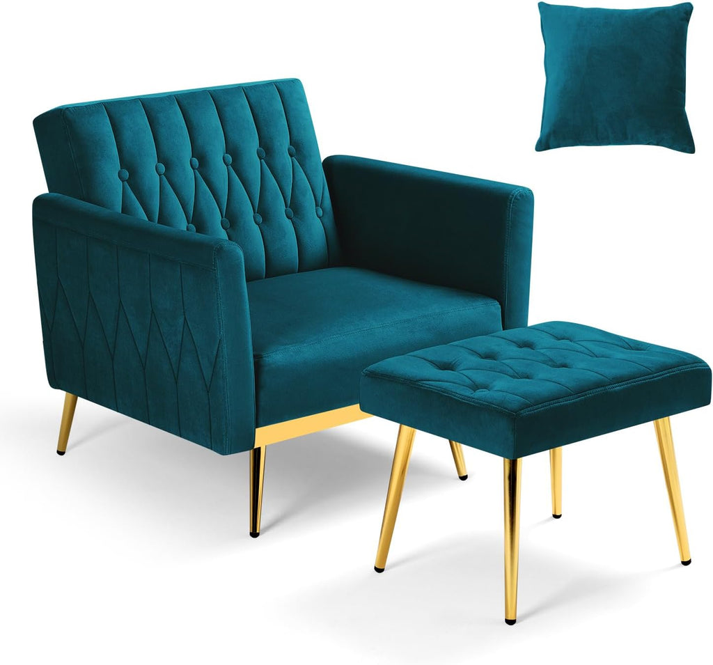 Velvet Accent Chair with Adjustable Armrests and Backrest, Button Tufted Lounge Chair, Single Recliner Armchair with Ottoman and Pillow for Living Room, Bedroom,Teal