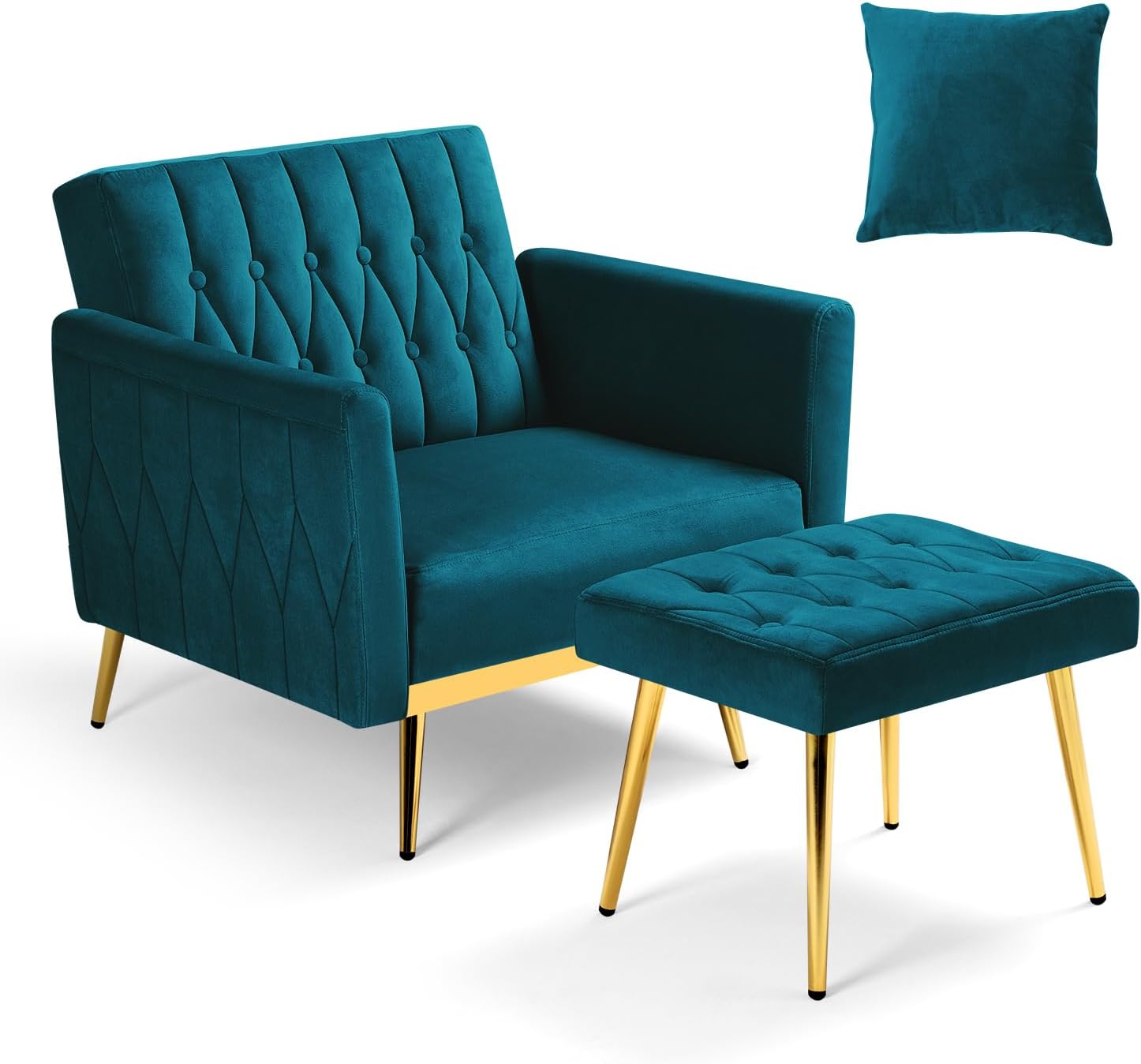 Velvet Accent Chair with Adjustable Armrests and Backrest, Button Tufted Lounge Chair, Single Recliner Armchair with Ottoman and Pillow for Living Room, Bedroom,Teal