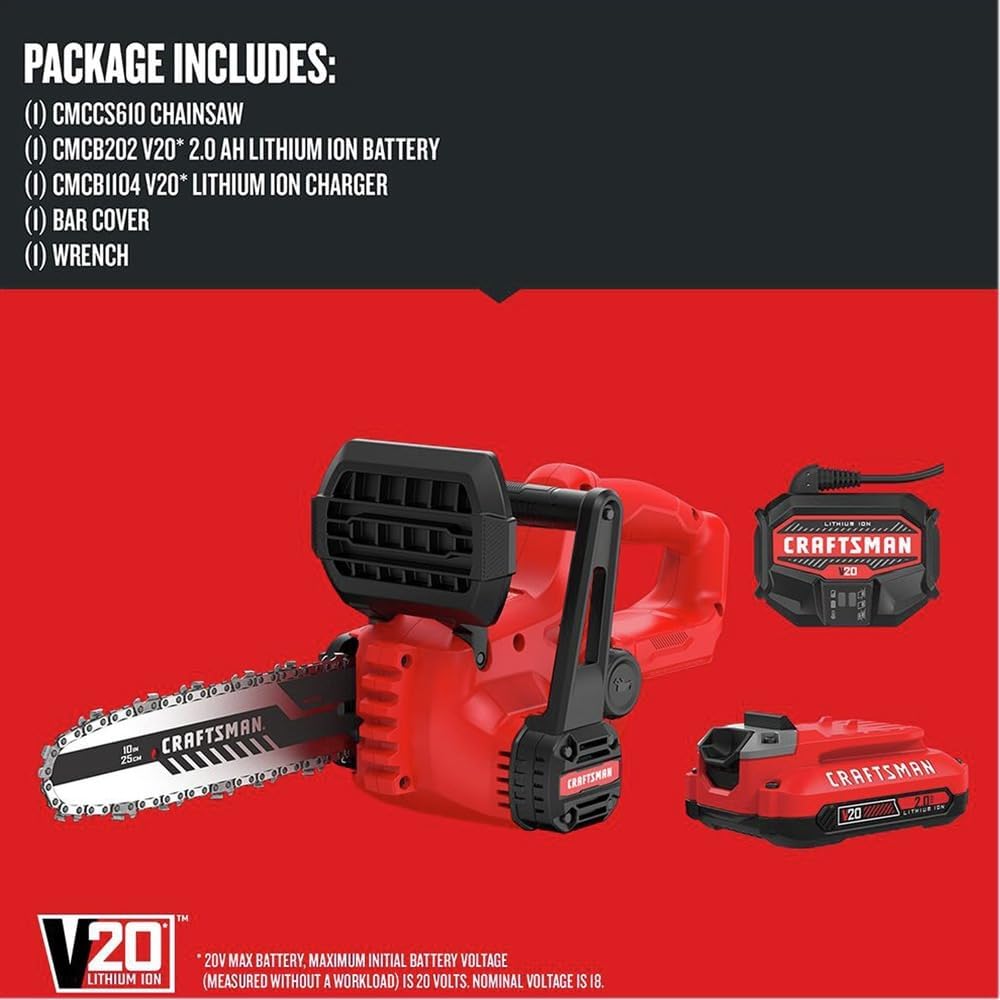 CRAFTSMAN CMCCS610D1R V20 Brushed Lithium-Ion 10 in. Cordless Chainsaw Kit (2 Ah) (Renewed)
