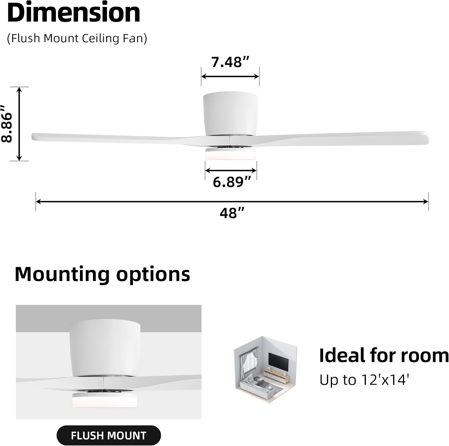WINGBO 48 Inch Flush Mount DC Ceiling Fan, 3CCT Dimmable Light, 3 Carved Wood Blades, 6-Speed Noiseless Reversible DC Motor, Hugger Low Profile Fan, Gloss White Finish with White Blades, ETL Listed