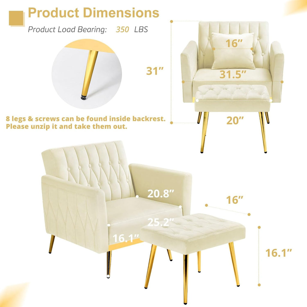 Velvet Accent Chair with Adjustable Armrests and Backrest, Button Tufted Lounge Chair, Single Recliner Armchair with Ottoman and Pillow for Living Room, Bedroom,Beige