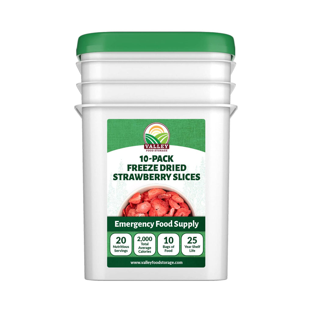 Valley Food Storage Freeze Dried Strawberries | Emergency Food Supply, 25 Year Shelf Life | Survival Food, Camping Snacks & Long Term Prepper Storage | Real Fruit, Packaged in USA (10 Bags + Bucket)