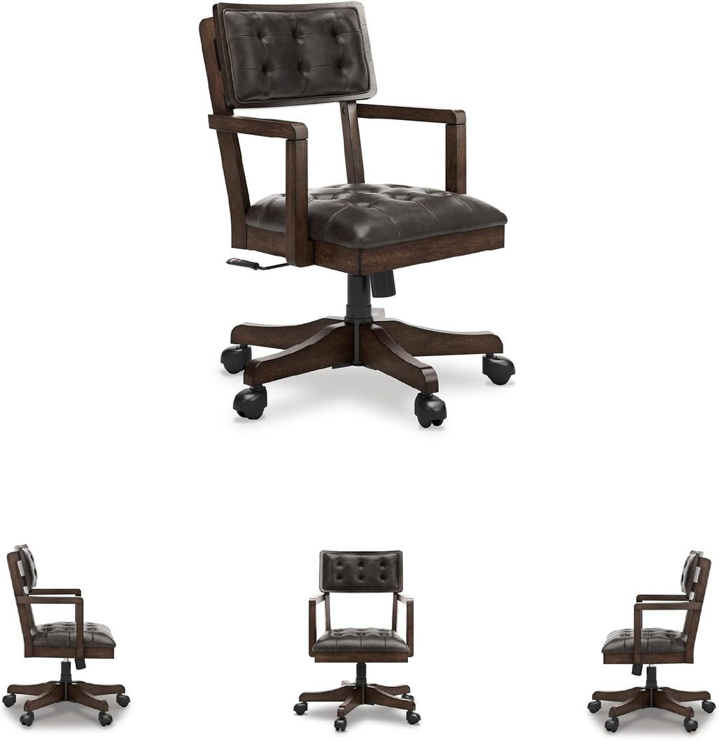 Signature Design by Ashley Breckington Contemporary Faux Leather Tufted Home Office Desk Chair with Adjustable Height and Casters, Solid Wood, 28.75' W x 28.75' D x 38' H, Dark Brown