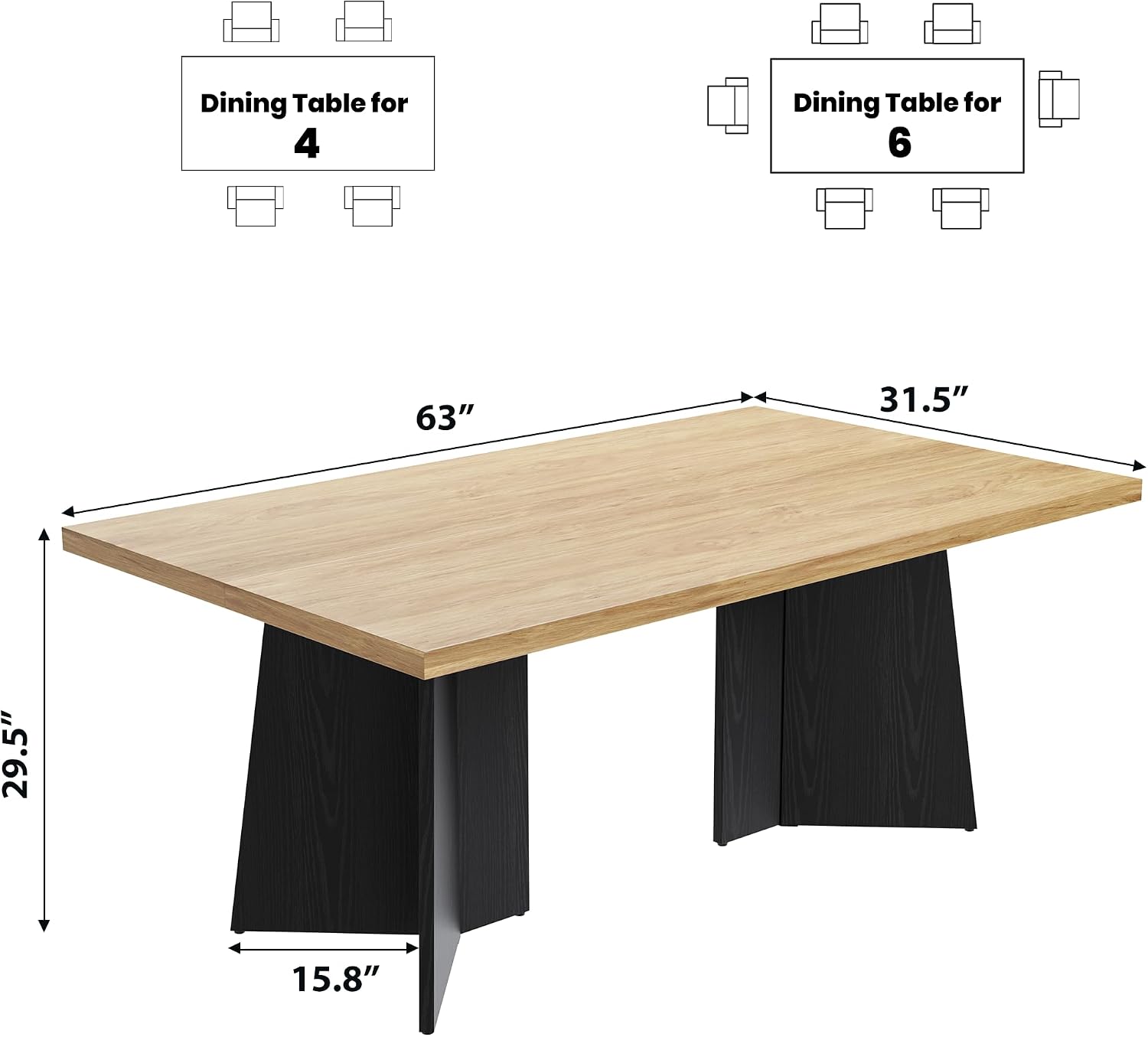 GarveeHome Dining Table for 6-8 People - 63' Modern Long Kitchen Table with Large Tabletop & Heavy Duty Pedestal Legs, Dinner Table for Kitchen, Conference Room, Home, Natural & Black