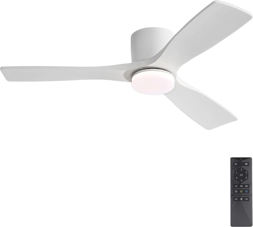 WINGBO 48 Inch Flush Mount DC Ceiling Fan, 3CCT Dimmable Light, 3 Carved Wood Blades, 6-Speed Noiseless Reversible DC Motor, Hugger Low Profile Fan, Gloss White Finish with White Blades, ETL Listed