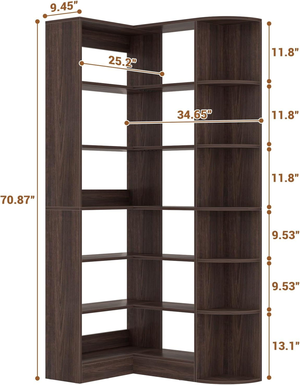 Cyclysio 71' Tall Corner Shelf, 7-Tier L-Shaped Corner Bookshelf with Raised Edges, Large Freestanding Storage Rack for Kitchen, Pantry, Dining Room, Living Room, Home Office, Black Walnut