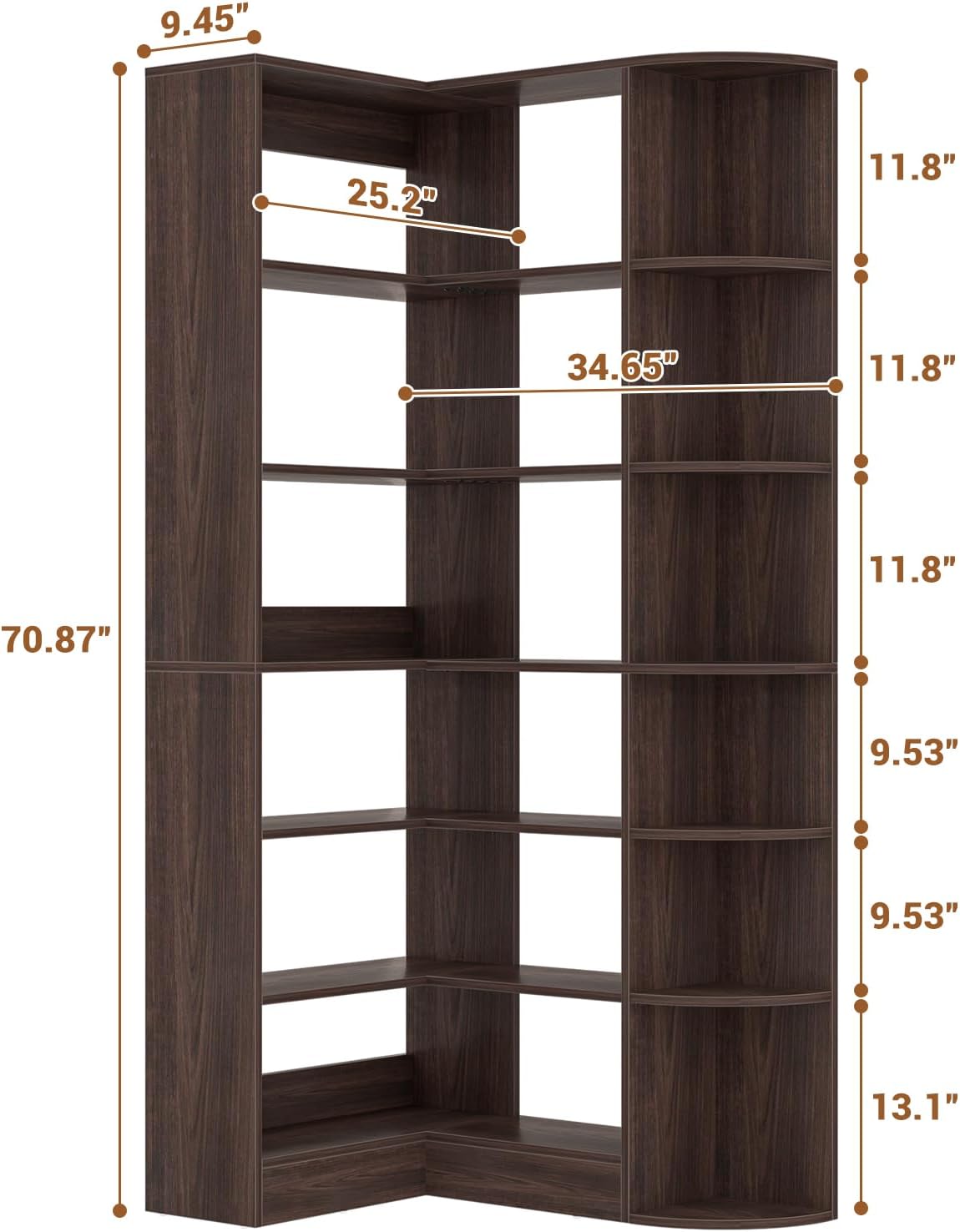 Cyclysio 71' Tall Corner Shelf, 7-Tier L-Shaped Corner Bookshelf with Raised Edges, Large Freestanding Storage Rack for Kitchen, Pantry, Dining Room, Living Room, Home Office, Black Walnut