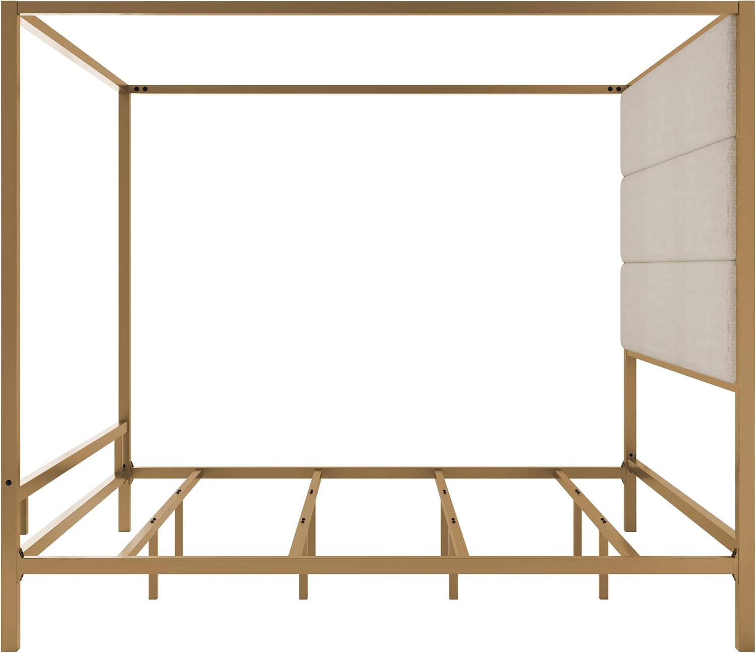 Merax King Size Gold Metal Canopy Bed Frame, Modern Upholstered Linen Headboard with Tall Back Support, 800 lbs Weight Capacity, Luxurious 4-Poster Bedroom Furniture for Modern Home, Gold+Tan