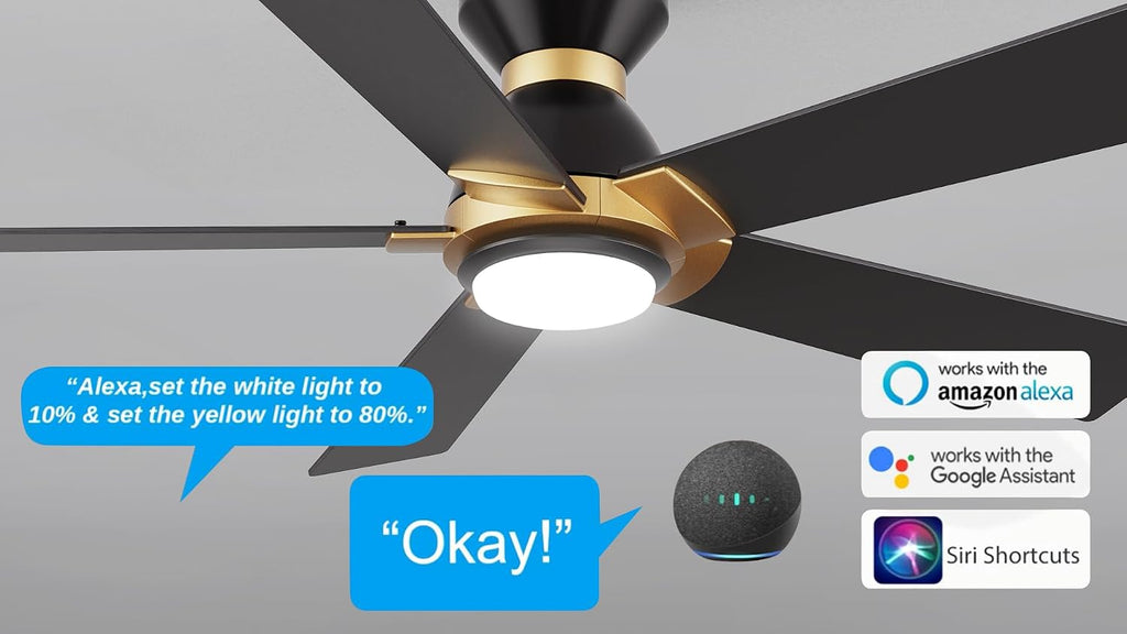 Carro Smart Ceiling Fans with Lights Flush Mount 52', 3 Light Colors Dimmable, 10 Speeds DC Ceiling Fan with Remote, Outdoor, Compatible with Alexa, Siri & Google Home, Black Gold