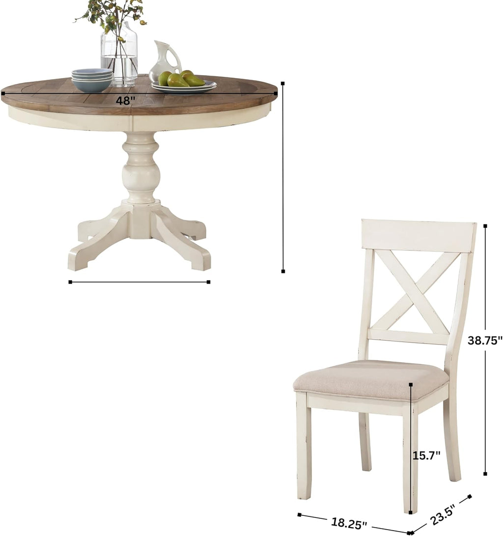 Roundhill Furniture Prato 5-Piece Round Dining Table Set with Cross Back Chairs, Antique White and Distressed Oak