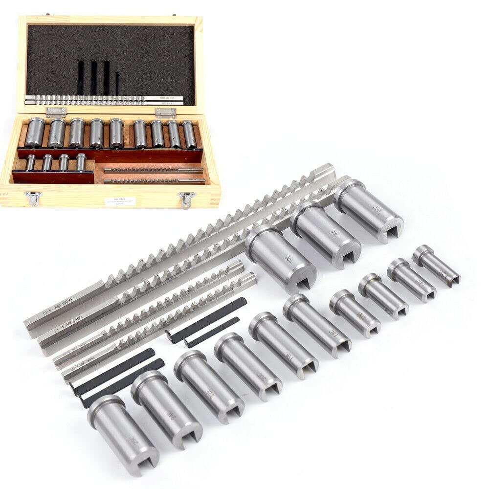 22pcs Keyway Broach Kit, Collared Bushing Shim Sets Metric Size 4 Broaches, 13 Bushings and 5 Gaskets High Speed Steel Keyway Broach Set Metal Processing Tool