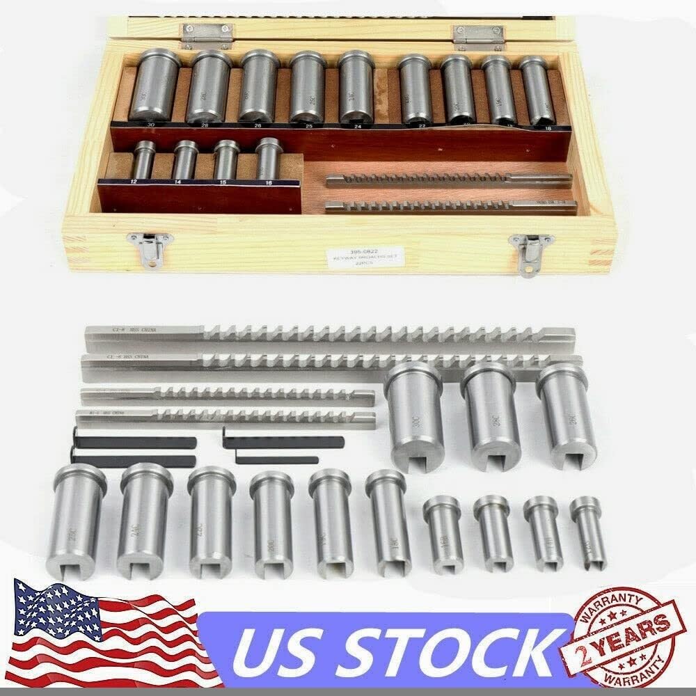 Machinery Keyway Tools 22 Pcs Keyway Broach Set in Fitted Box, Industrial Tools Metric Size Broaching Cutter Collared Bushing Shim Set W/ 4 Pcs Broach & 13 Collared Bushing & 5 Gaskets