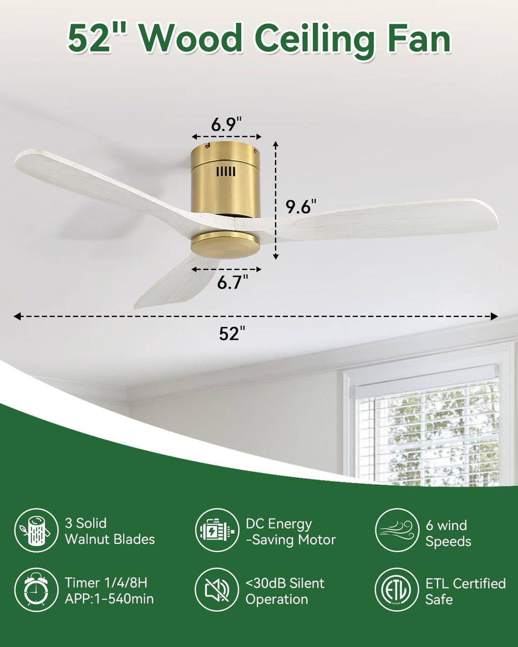 Sofucor 52' Solid Wood Low Profile Flush Mount Ceiling Fan No Light, Outdoor Modern Ceiling Fan without Light works with Alexa/Google/App 6-Speed, 3-Timer, Reversible DC Motor for Living Room Bedroom