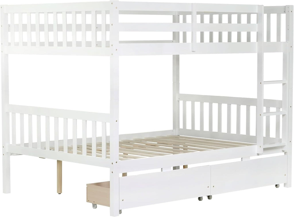PVWIIK Full Over Full Wood Bunk Bed with 2 Drawers & Ladder for Adult Teenagers Kids Bedroom Dorm Guest Room,Convertible into 2 Full Beds Frame/Under Bed Space/No Box Spring Required,White