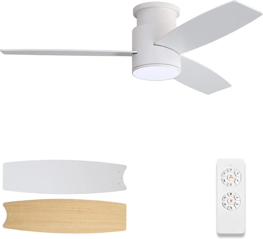 WINGBO 44 Inch Flush Mount DC Ceiling Fan with Lights and Remote, 3 Reversible Blades in White/Oak Finish, 6-Speed DC Motor, 3CCT, Low Profile White Ceiling Fan for Bedroom, Indoor/Outdoor Use