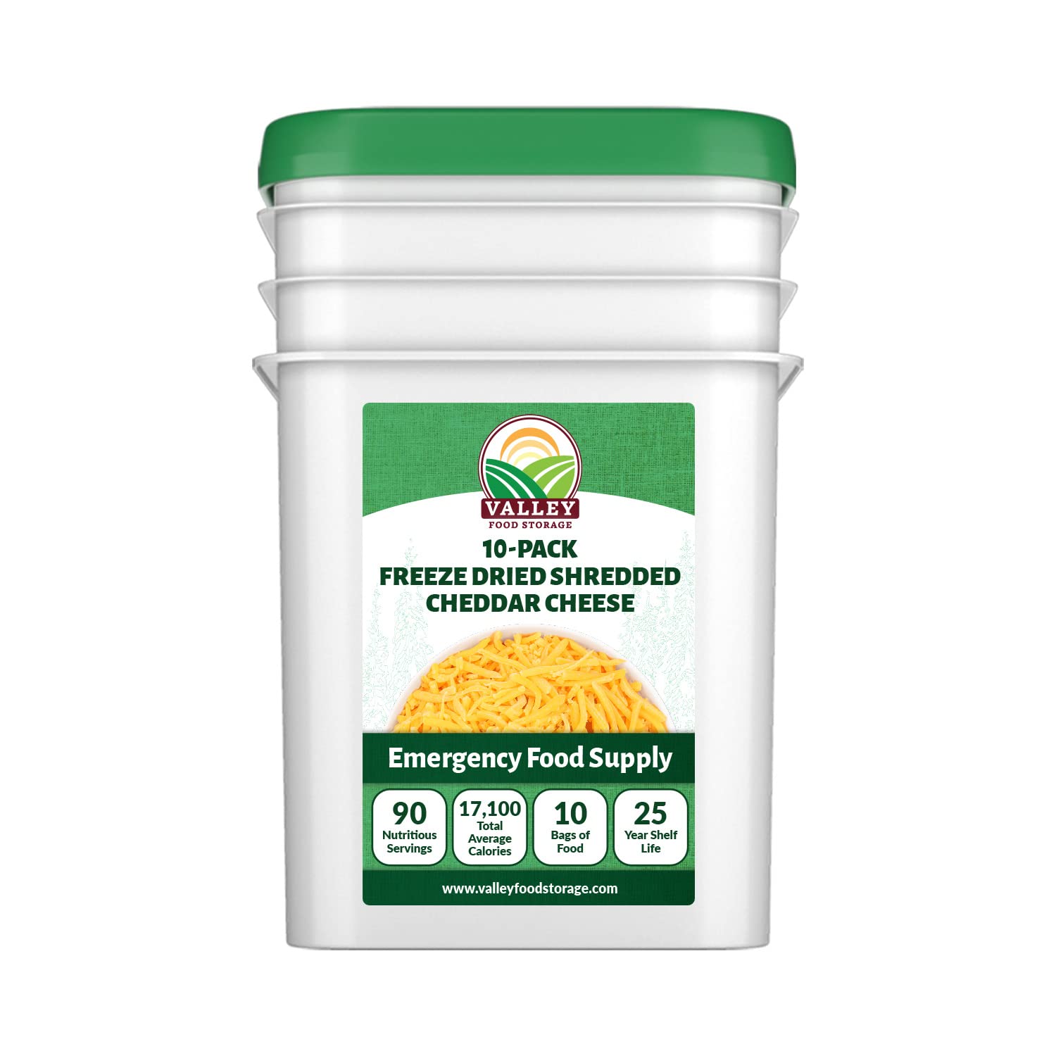 Valley Food Storage Freeze Dried Shredded Cheddar Cheese | 10-Bag Bucket, 95 oz | Premium Emergency Food Supply, 25 Year Shelf Life | Non-GMO Prepper Food for Cooking, Camping & Long-Term Storage