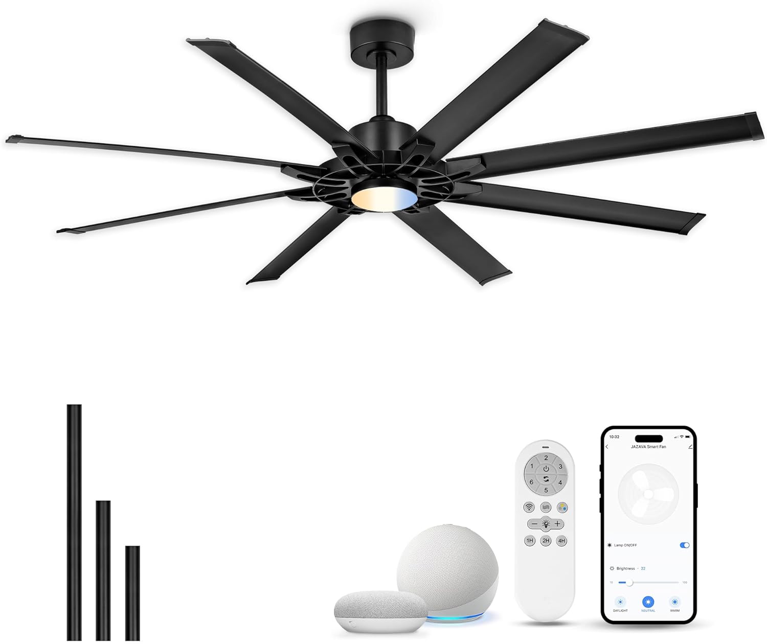 72 Inch Ceiling Fan With Light, Industrial Ceiling Fan With 8 Aluminium Metal Blades, Smart Fan Compatible with Alexa, Garage Indoor Fan For Living Room and Patio, ZCCF05ABK-72