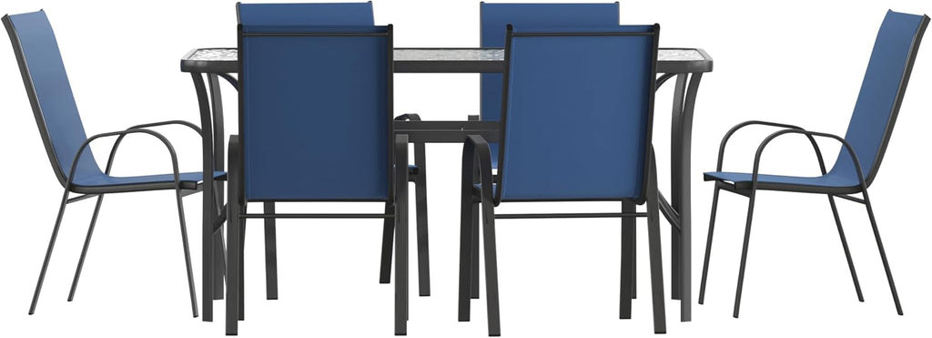 Flash Furniture Brazos Commercial Outdoor Dining Set, 60' Tempered Glass Patio Table with Umbrella Hole, 6 Stack Chairs with Flex Comfort Seats and Backs, Navy/Black