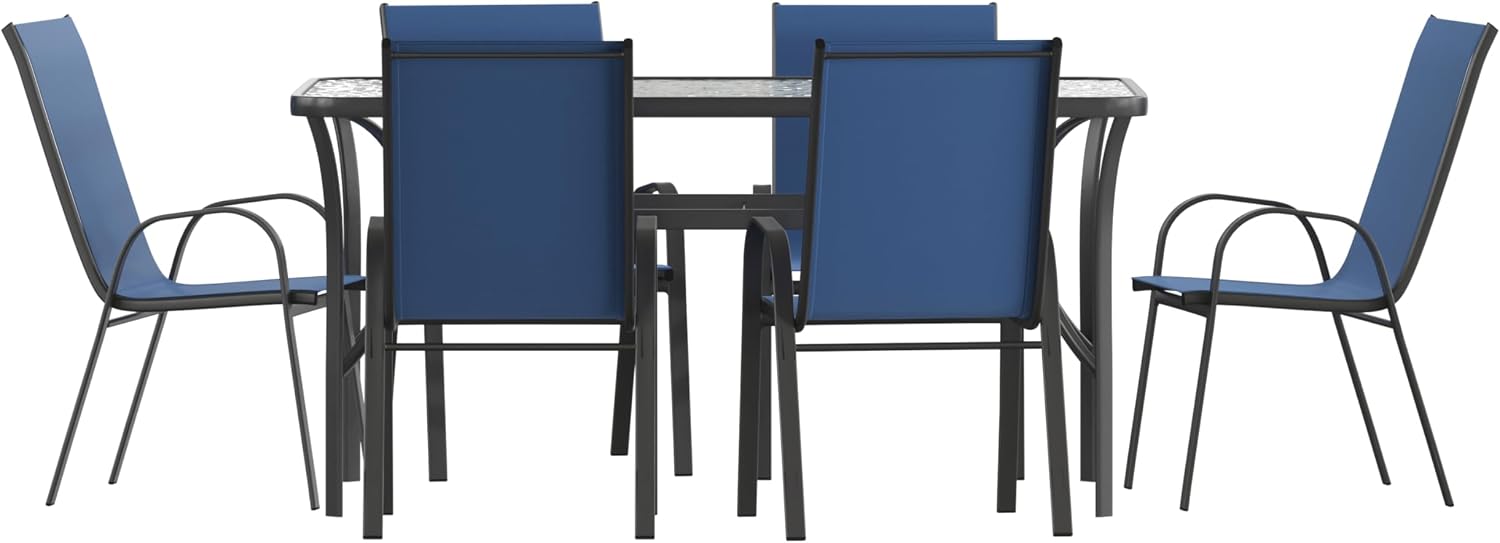 Flash Furniture Brazos Commercial Outdoor Dining Set, 60' Tempered Glass Patio Table with Umbrella Hole, 6 Stack Chairs with Flex Comfort Seats and Backs, Navy/Black