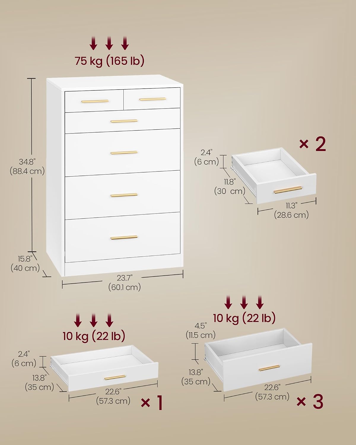VASAGLE Custos Collection - Dresser for Bedroom, Chest of Drawers for Closet, Modern Style, TV Stand for Living Room, 6 Drawers, 15.8 x 23.7 x 34.8 Inches, Cloud White ULTS415WB01S