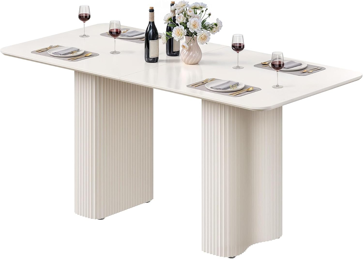 DWVO 63'' Dining Table for 4-6 People Modern Rectangular Kitchen Table with Solid Wave Curved Legs Large Cream White for Dining Room Kitchen Home Office Apartment Office White