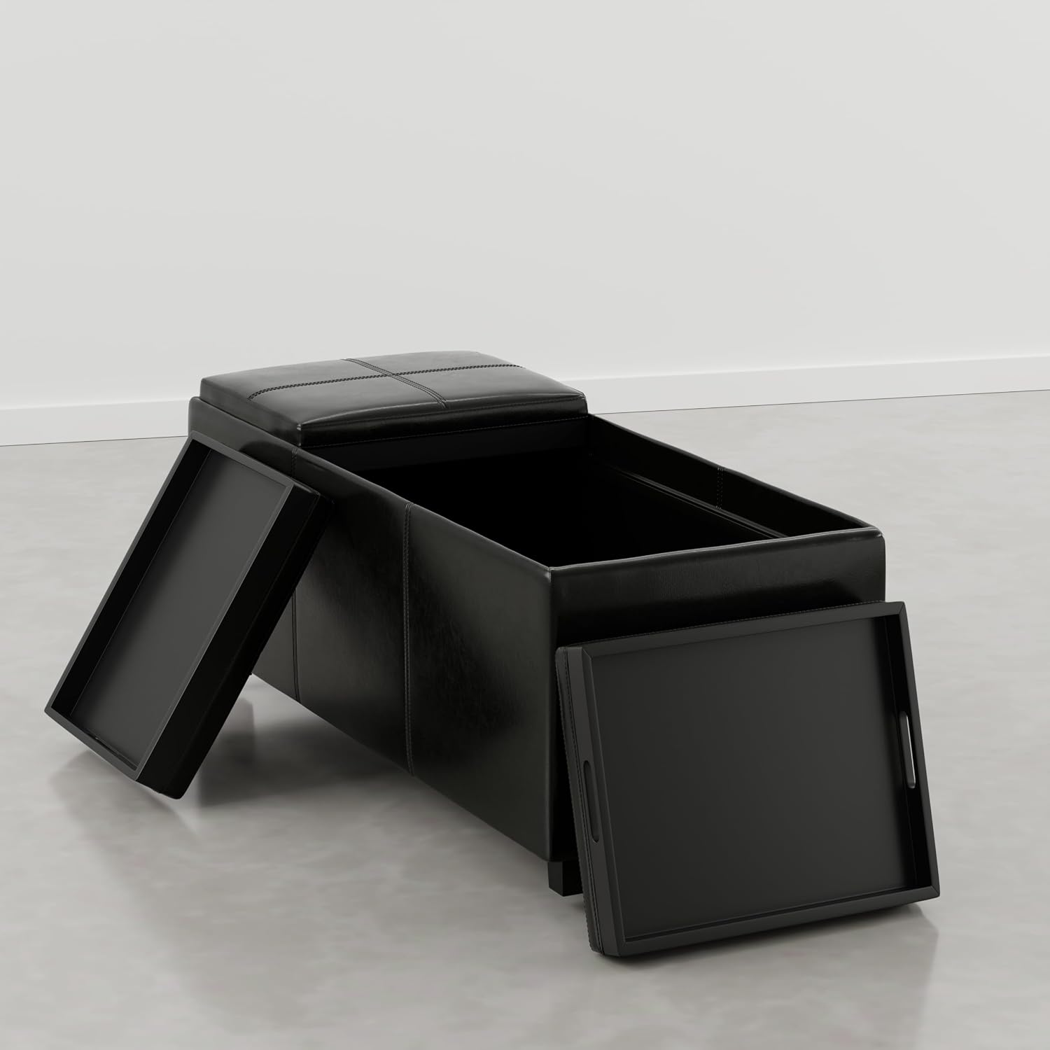 SIMPLIHOME Avalon Storage Ottoman - 42 inch Wide Upholstered Vegan Leather Rectangular Flip-Top Ottoman in Carbon Black, Contemporary Storage Coffee Table Ottoman for Living Room with Hidden Storage