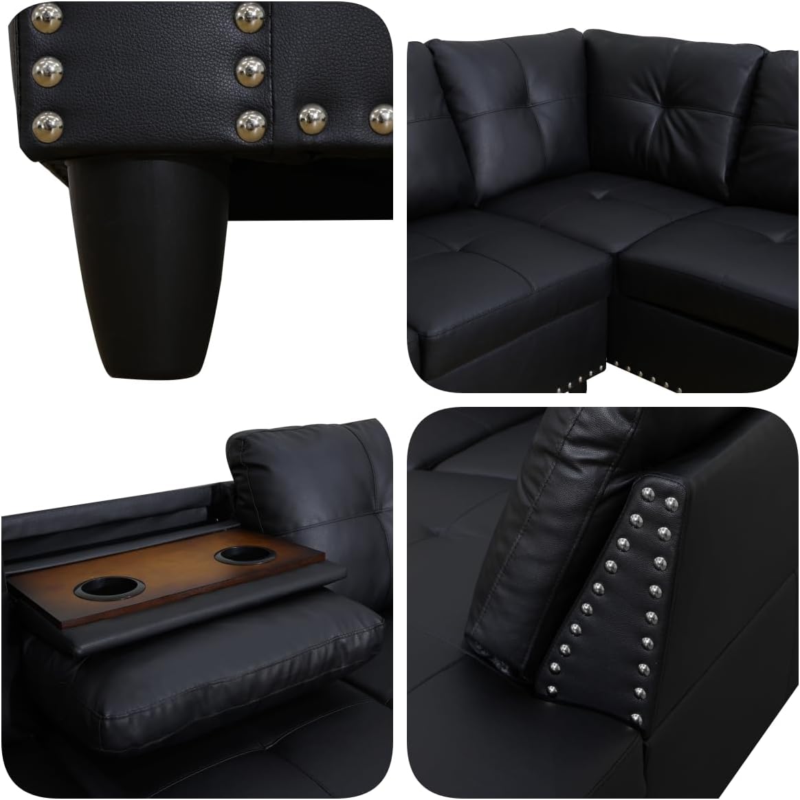 Sectional Couches for Living Room with Movable Chaise & Storage Ottoman - 97.5' Leather L Shaped Couches for Living Room Apartment, Home Modular Sectional Sofas with Cup Holder, Black